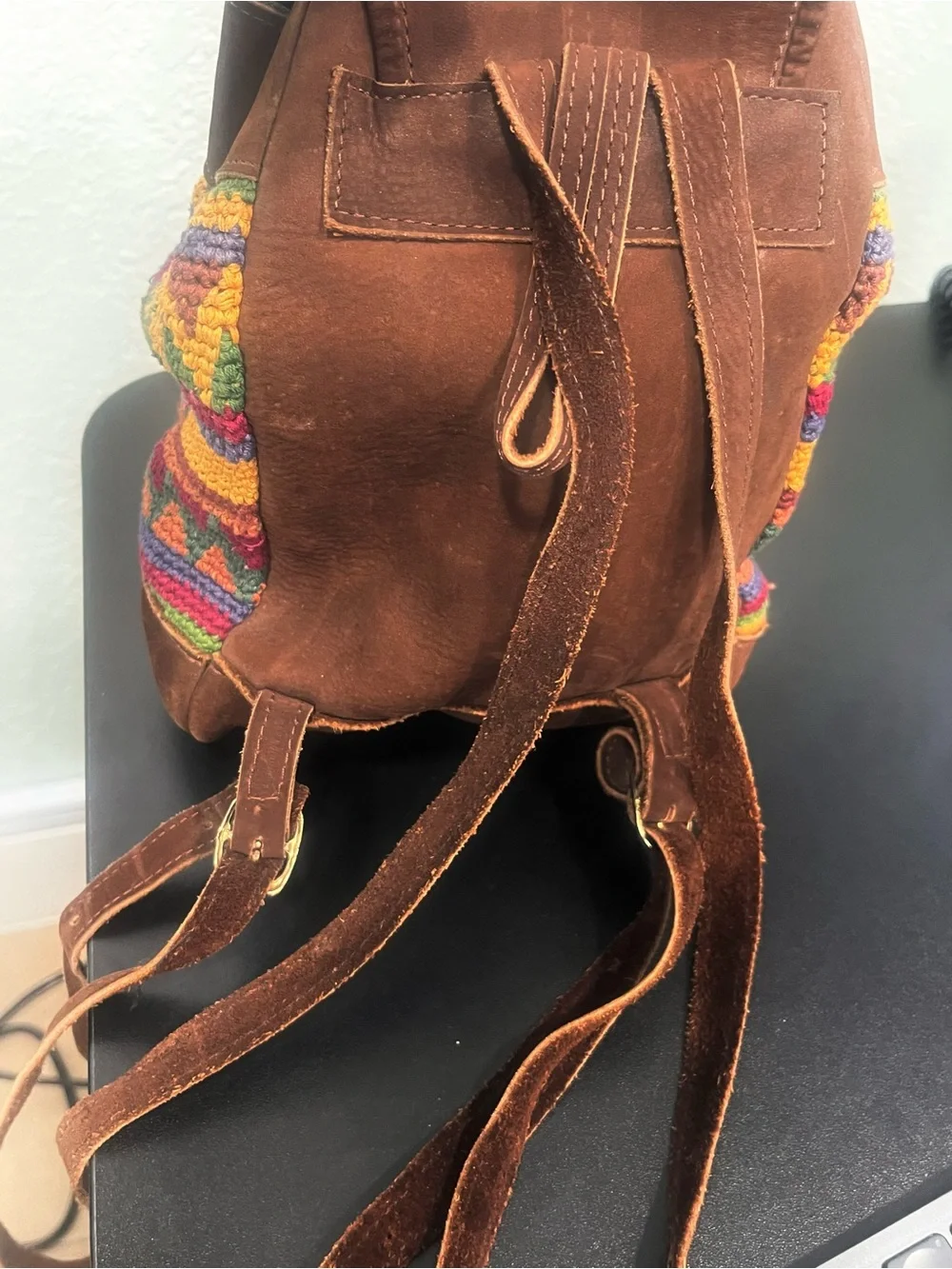 Handcrafted Multicolor Knit & Brown Suede and Leather Women's Small Backpack